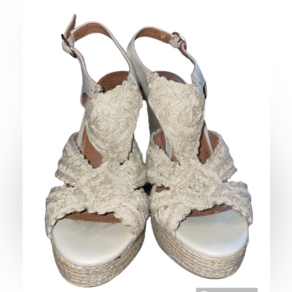 HP! Lucky Brand Cream Colored Lacy Wedge Sandals - Picture 6 of 11